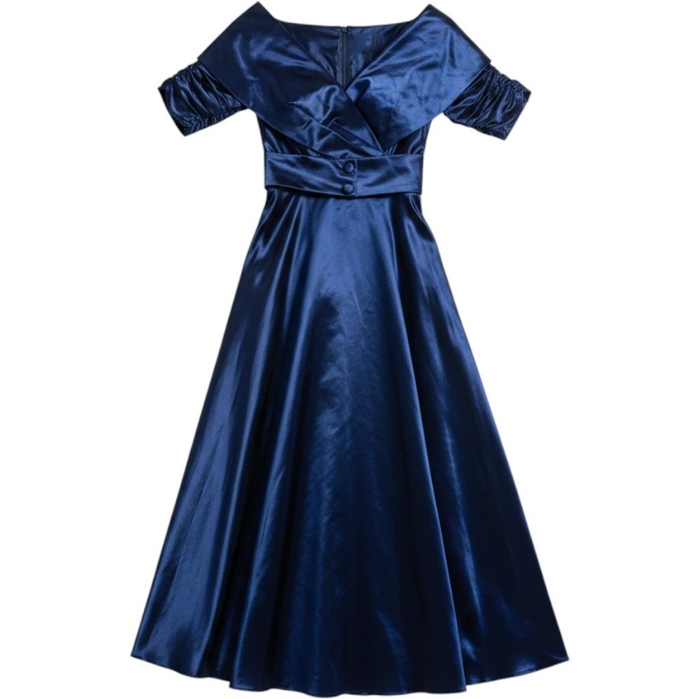 Vintage ILGWU Navy Blue Satin Portrait Neckline Ruched Sleeve Evening Gown Dress